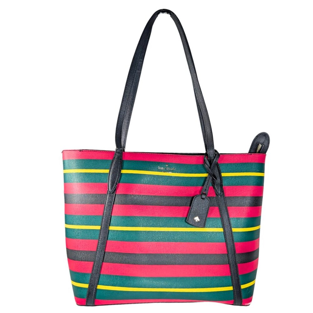 Kate Spade Cara Striped Large Leather Zip Tote Pink Green Yellow